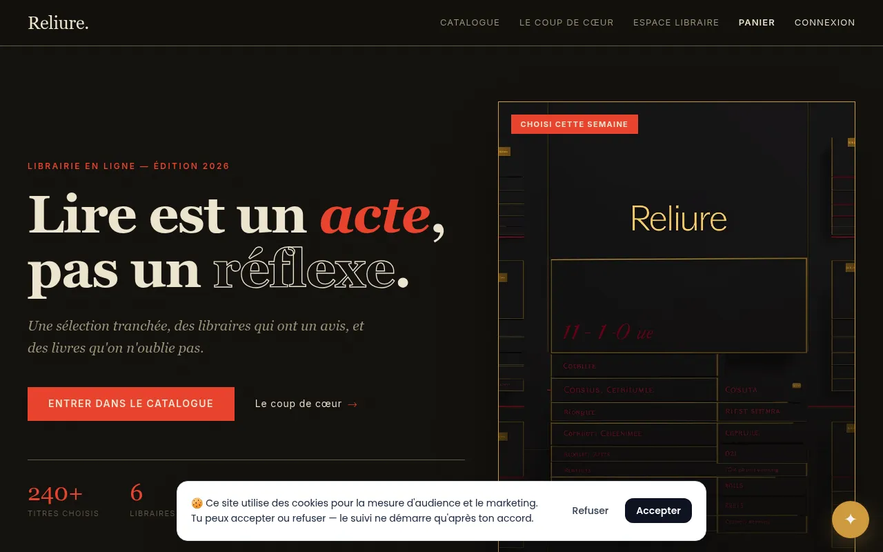 Aperçu de Crée Reliure, une librairie en ligne premium et affirmée — p